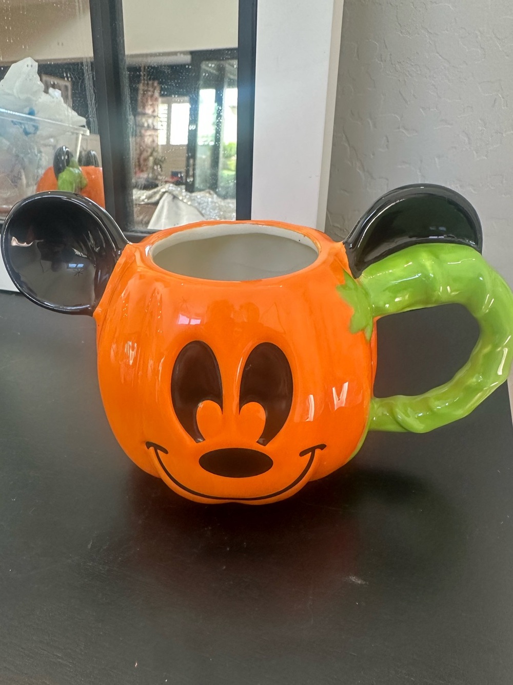 Disney Orange Pumpkin Mickey Mouse Mug with Green Stem Handle and Black 3D Ears